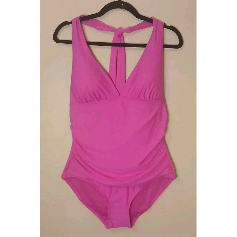 DKNY Swimsuit Sz L Halter Tie Top Ruched Sides Hot Pink Padded UV Protection NWT - Picture 10 of 12